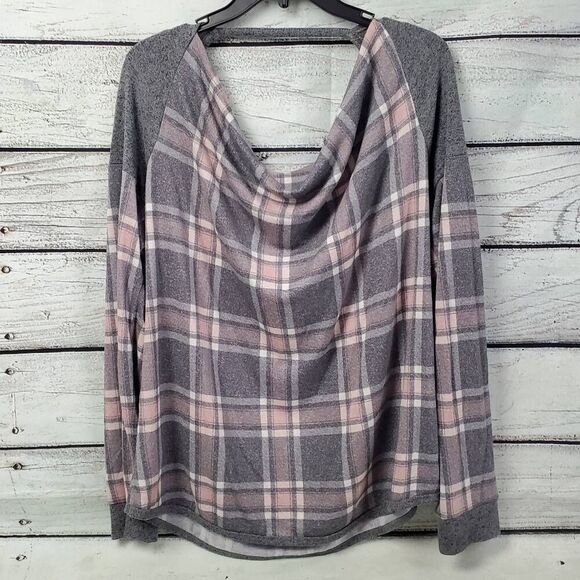 Maurices 24/7 Cowl Neck Long Sleeve Top Gray Pink Plaid Size Large Soft Stretchy - Picture 1 of 8